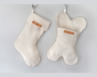 Personalized - custom name Farmhouse Cotton Christmas Stocking (blank neutral family simple solid Unbleached Natural dog pet bone shape)