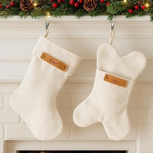 Personalized Farmhouse Christmas Stocking – Custom Name Cotton Stocking – Neutral Holiday Decor – Pet Bone Shape Option