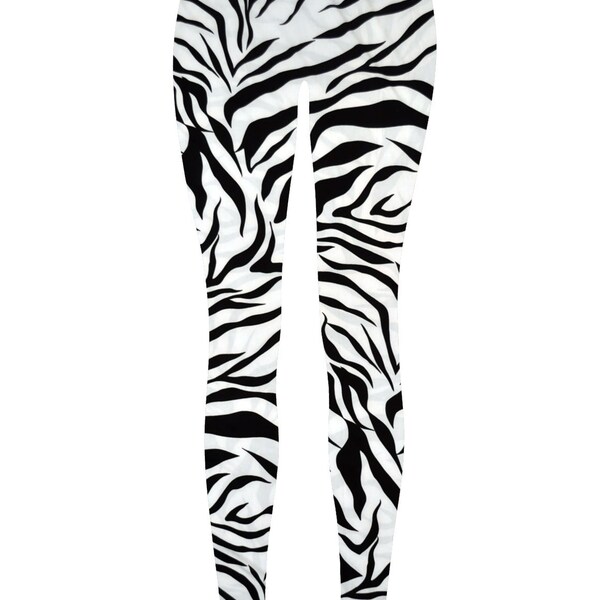 Schwarz / weiß Zebra gedruckt Leggings (Polyester Lycra Stretch Knit) Modern. Art-Deco.
