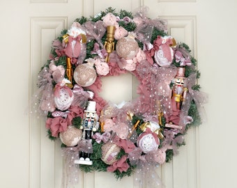 Pink Nut cracker 24 inch Wreath (mixes of Pink White Silver and Gold)