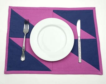 Quilted fabric placemat (geometric patchwork) Retro vintage color | Pink Purple Cotton Linen