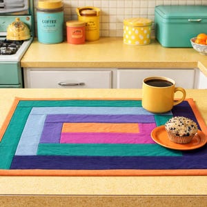 Quilted fabric placemat (geometric patchwork) Retro vintage color | Purple green orange pink Blue Cotton Linen