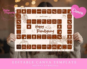 Friendsgiving Drinking Board Game | Fully Editable Thanksgiving Dinner Party Decor Printable Template (Digital Download)