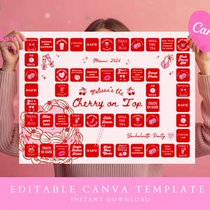 May include: A red and white bachelorette party game board with the text "Melissa's the Cherry on Top" and "Miami 2026". The board features various prompts and instructions for party activities. A pink heart-shaped Canva logo is visible.