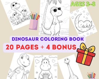 Dinosaur Coloring Book for Kids | 20 Cute Dino Pages + 4 Bonus | Printable Activity Book | Toddler Coloring Pages | Instant Download