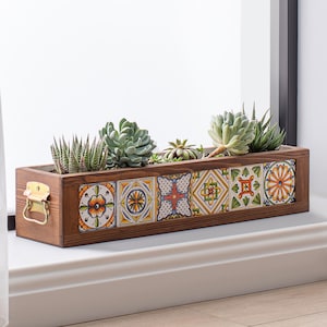 Wooden Planter Box with Talavera Tiles, Window Box for Windowsill, Long Wood Flower Box, Indoor Outdoor Planter