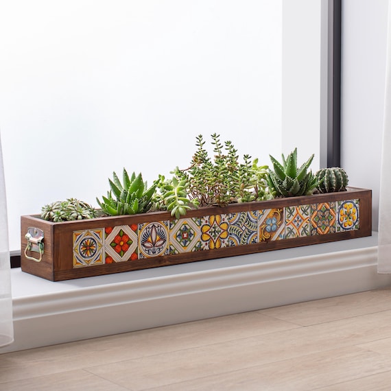 Wooden Window Box Planter With Talavera Tiles, Long Wood Planter