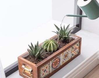 Wooden Planter Box with Four Mexican Tiles, Indoor & Outdoor Flower Box, Custom Home and Garden Decoration, Window Box with Drip Tray
