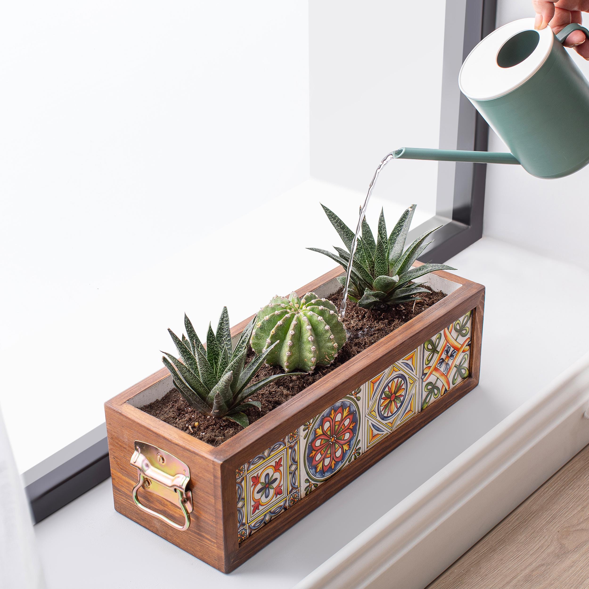 Wooden Planter Box With Four Mexican Tiles, Indoor & Outdoor