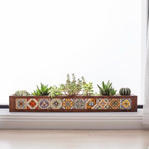 Mexican Talavera Tile Wooden Planter Box, Long Window Box for Windowsill, Indoor Outdoor Flower Box, Balcony Patio Rustic Herb Planter