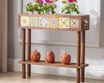 Planter Box with Legs, Tile Planter with Storage Shelf, Decorative Planter with Mexican Talavera Tiles, Planter Stand with 2 tier