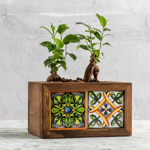 May include: A rectangular wooden planter with two small bonsai trees. The planter features two decorative ceramic tiles with colorful floral patterns. The wood has a warm, natural finish, and the plants have vibrant green leaves.