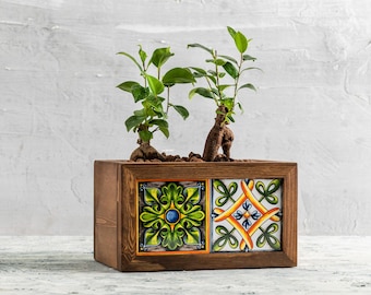 Handmade Wooden Planter Box with Two Talavera Tiles, Rustic Indoor-Outdoor Décor, Planter Gifts, Planter with Drainage