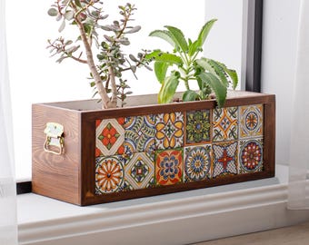 Large Wooden Planter Box, Decorative Planter with Talavera Tiles, Handmade Indoor Planter