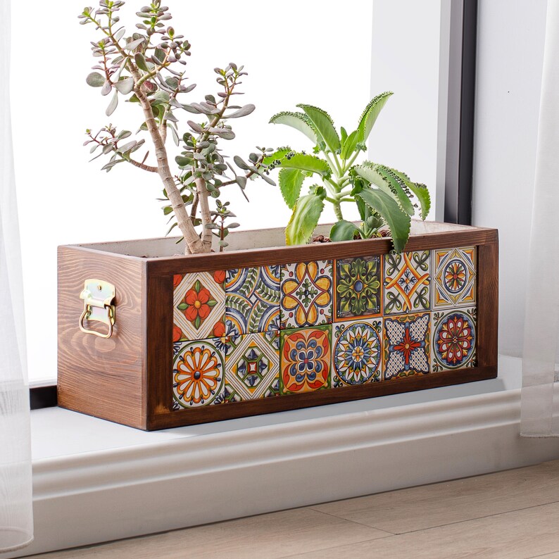 Large Wooden Planter Box, Decorative Planter With Talavera Tiles ...