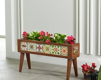 Wooden Planter Box with Legs, Large Indoor Planter with Tiles, Indoor Elevated Planters  Planter with Foot