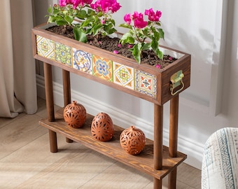 Supporto per fioriera in piastrelle di Talavera messicane con gambe, fioriera in legno a 2 livelli con ripiano portaoggetti, supporto decorativo per vasi da fiori da interno ed esterno.
