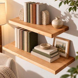 Pode incluir: Duas prateleiras flutuantes de madeira natural montadas numa parede. A prateleira superior contém cinco livros entre dois suportes de pedra salpicada e um pequeno vaso de cerâmica. A prateleira inferior tem cinco livros, uma taça e um quadro.