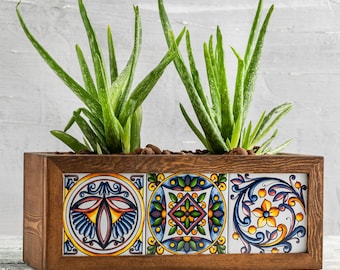 Wooden Planter Box, Planter Box With Three Talavera Tiles, Planter Home Decor, Tiled Herb Box