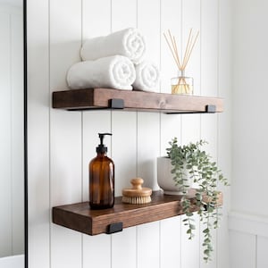 Modern Wood Bathroom Shelf with J Brackets, Over the Toilet Storage, Sturdy Towel Wall Shelf, Rustic Bathroom Decor Organizer