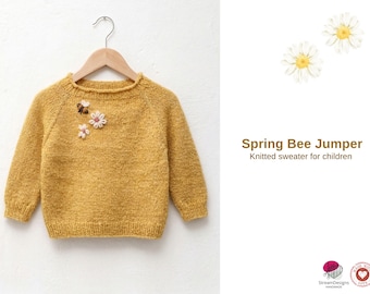Spring Bee Jumper Knitting Pattern – Children Sweater PDF – Top Down Raglan Knit – Embroidered Bee Flower Design- Children Gift