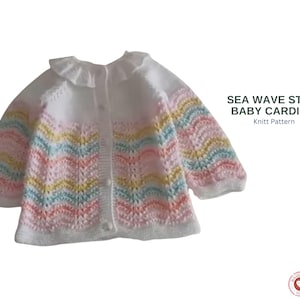 Patrón de tejido a dos agujas para cárdigan de bebé con punto de olas marinas (PDF), suéter raglán de arriba hacia abajo para bebé, cárdigan de punto texturizado con forma de ola, de 12 a 24 meses.