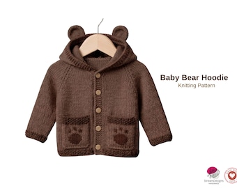 Patrón de tejido para sudadera con capucha de osito bebé – Cárdigan con capucha para bebé con orejas y bolsillos con forma de pata, 6–24 meses Patrón en PDF - Sudadera con capucha para bebé