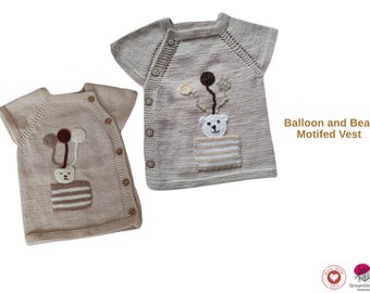 Breipatroon vest met ballon- en beermotief – pdf schattig babyvestje – vest met dierenappliqué – gebreid vest met knopen voor peuters