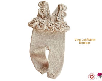 Leaf Motif Baby Romper – Knitting Pattern PDF | Textured Leaf Edging | Baby Overalls 0–12 Months | Digital Download- Romper For Baby Girl