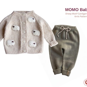 May include: A baby set featuring a beige cardigan with sheep appliqués and matching olive green pants. The cardigan has button closures and the text "MOMO Baby Set" is visible. The set is knit and designed for babies.