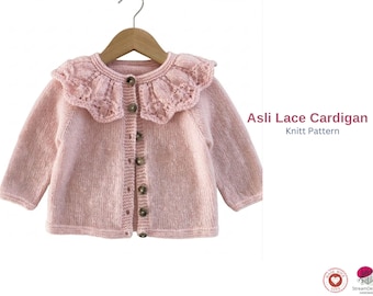 Wzór na kardigan z koronką Asli – Kardigan z koronką dla niemowląt – Wzór na sweterek dla niemowląt robiony od góry – Kardigan z koronką i kołnierzykiem w formacie PDF – Kardigan dla niemowląt na prezent