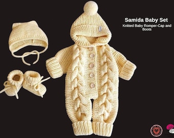 Samida Baby Set – Knitted Baby Romper, Cap and Boots Pattern – PDF Download- Baby Birthday and Baby Party wear- Romper Cap booties Gift easy