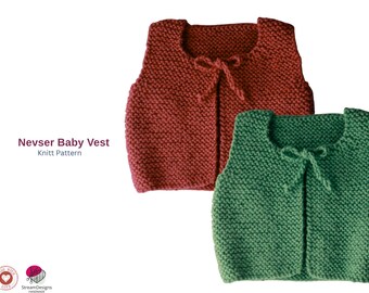 Nevser Baby Vest Knitting Pattern – Easy Flat Knit Baby Vest PDF – Garter Stitch Vest – Beginner Baby Knit – 6-12 Months- Vest Baby Gift