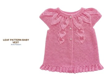 Wzór na kamizelkę dla niemowląt z wzorem liścia, kamizelka dla niemowląt z koronkowym karczkiem, kamizelka dla niemowląt dziergana od góry w formacie PDF, wzór na kamizelkę dla malucha – wzór na kamizelkę dla niemowląt na prezent