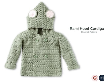 Rami Hood Cardigan Crochet Pattern – Baby & Kids Hooded Jacket – Animal Ear Hoodie – PDF Pattern – Double Breasted Cardigan- Crochet Hoodie