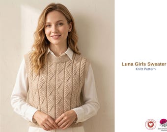 Luna Girls Sweater Knitting Pattern PDF – Sleeveless Vest for Kids – Textured Cable Knit – Easy Baby Cardigan Pattern- Girls Sweater Pattern