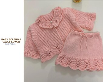 Zestaw wzorów na bolerko i spódniczkę dla niemowląt, ubranko dla niemowląt ściegiem kalafiorowym, wzór na bolerko dla niemowląt, spódniczka dla niemowląt w formacie PDF, 0-3 miesiące do 4 lat