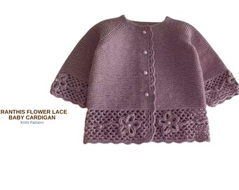 Wzór na sweterek dla niemowląt z koronką w kwiaty Eranthis w formacie PDF – bezszwowy sweterek dla niemowląt robiony od góry – kardigan dla dziewczynki jak sukienka – prezent