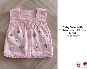 Baby Flower Vest Knitting Pattern – Embroidered Daisy Motif Vest – Toddler Knit Vest Pattern – Button Front Baby Vest – PDF Knitting Pattern