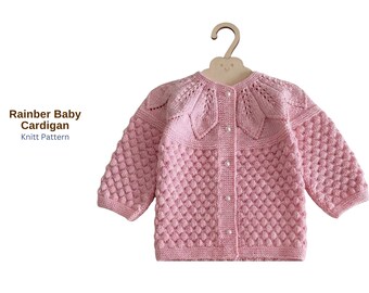 Wzór na sweterek dziecięcy Rainber – kardigan z karczkiem w kształcie liścia w formacie PDF – wzór na sweterek dziecięcy z teksturą – bezszwowy dzianinowy sweter raglanowy – pomysł na prezent dla dziecka