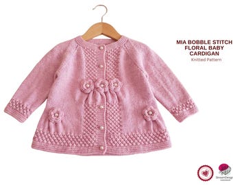 MIA Bobble Stitch Floral Baby Cardigan Knitting Pattern PDF – Textured Baby Sweater 1 Year – Handmade Baby Gift Pattern- Baby Girl Dress