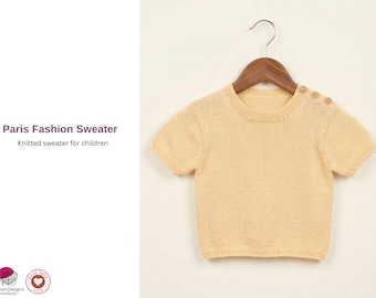 Paris Kids Sweater Knitting Pattern PDF – Children Pullover Knit Pattern – Short Sleeve Baby Sweater – Button Shoulder Top Gift