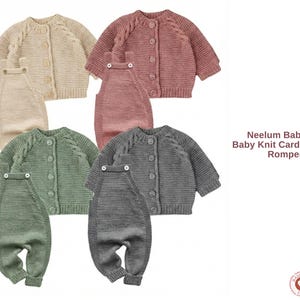 May include: A selection of baby knitwear sets, each comprising a cardigan and romper. The sets are in beige, dusty rose, sage green, and grey. The image text reads "Neelum Baby Set Baby Knit Cardigan and Romper."