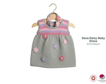Daisy Baby Dress Knitting Pattern – Striped Dress with Flowers – Baby Dress PDF – 3 to 9 Months – Headband Included-Dress for baby girl gift