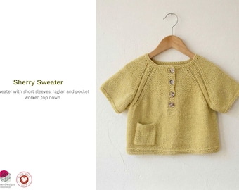 Baby Raglan Sweater Knitting Pattern – Top Down Short Sleeve Baby Pullover PDF – Button Front Pocket Sweater – Baby Knit Pattern Gift
