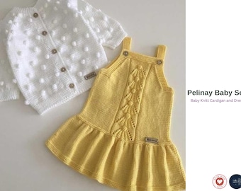 Zestaw dla niemowląt Pelinay | Sukienka ściegiem miotlastym i kardigan w stokrotki – wzór na robótkę na drutach – sukienka i kardigan dla niemowląt w komplecie – wzory 2 w 1, prezent na baby shower