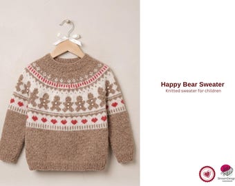 Happy Bear Sweater Knitting Pattern PDF – Children Fair Isle Sweater – Top Down Yoke Knit – Kids Pullover Pattern – Winter Knit- Pullover