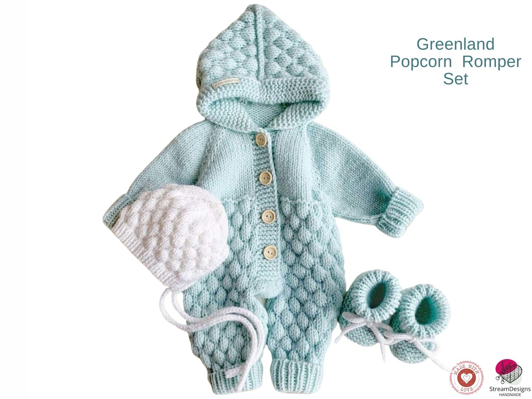 Greenland Popcorn Romper Set – Baby Bubble Knit Romper Bonnet Booties ...