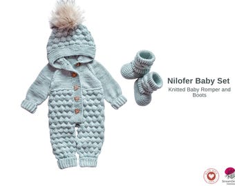 Nilofer Baby Set –Knitted Baby Romper and Boots Pattern PDF- Baby Romper with Booties- Baby Romper for winter- Bubble Romper Gift with Boots