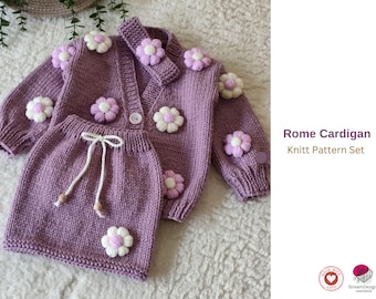 Ares Cardigan Knitting Pattern Set – Baby Cardigan Skirt Headband PDF Pattern – Motif Cardigan Baby Outfit Pattern- Baby Cardigan and skirt
